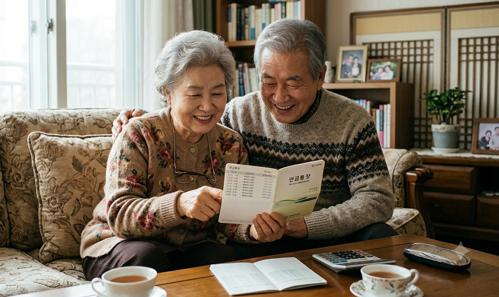 노후 준비 연금통장 확인하는 노부부 - 국민연금 퇴직연금 연금저축