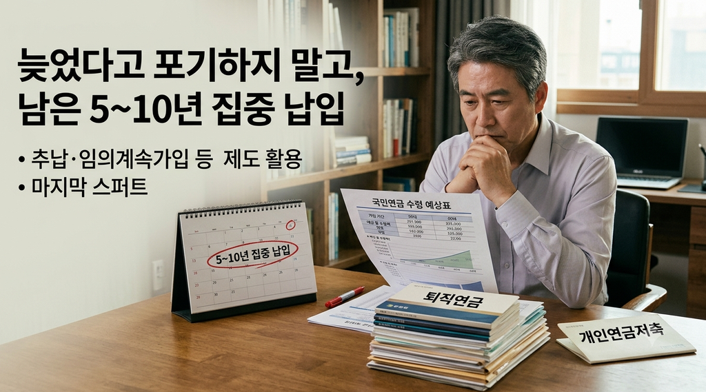 52세 국민연금 퇴직연금 5~10년 집중 납입 추납 임의계속가입