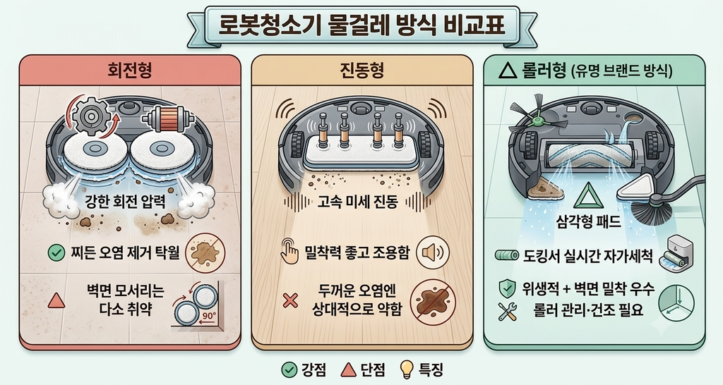 회전형 진동형 롤러형 물걸레 방식 비교