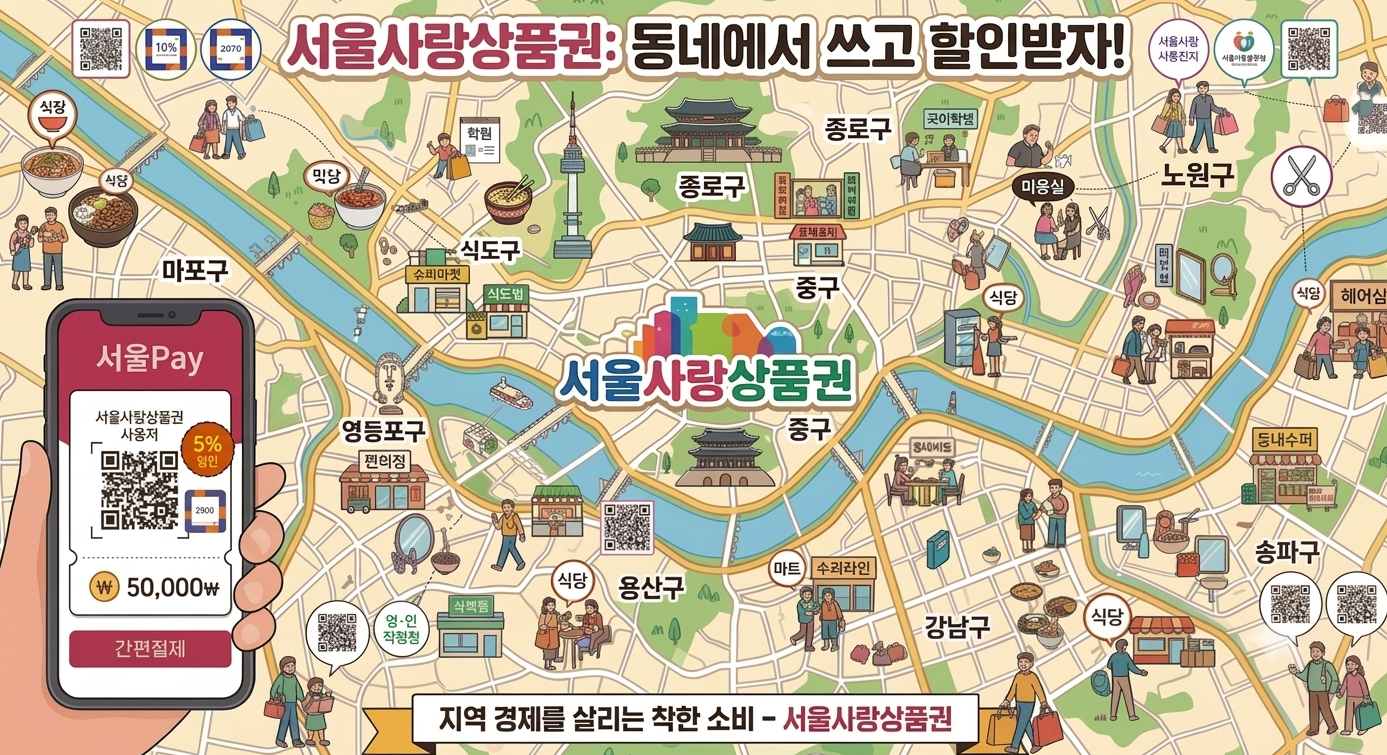 서울사랑상품권 서울Pay+ 앱 화면, 보유금액과 QR코드 결제 화면