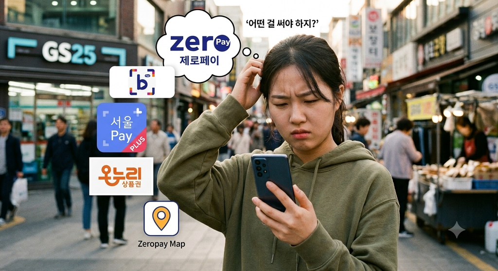 비플페이 제로페이 차이와 서울페이 구분을 고민하는 여성, 비플페이·서울페이플러스·온누리상품권 로고