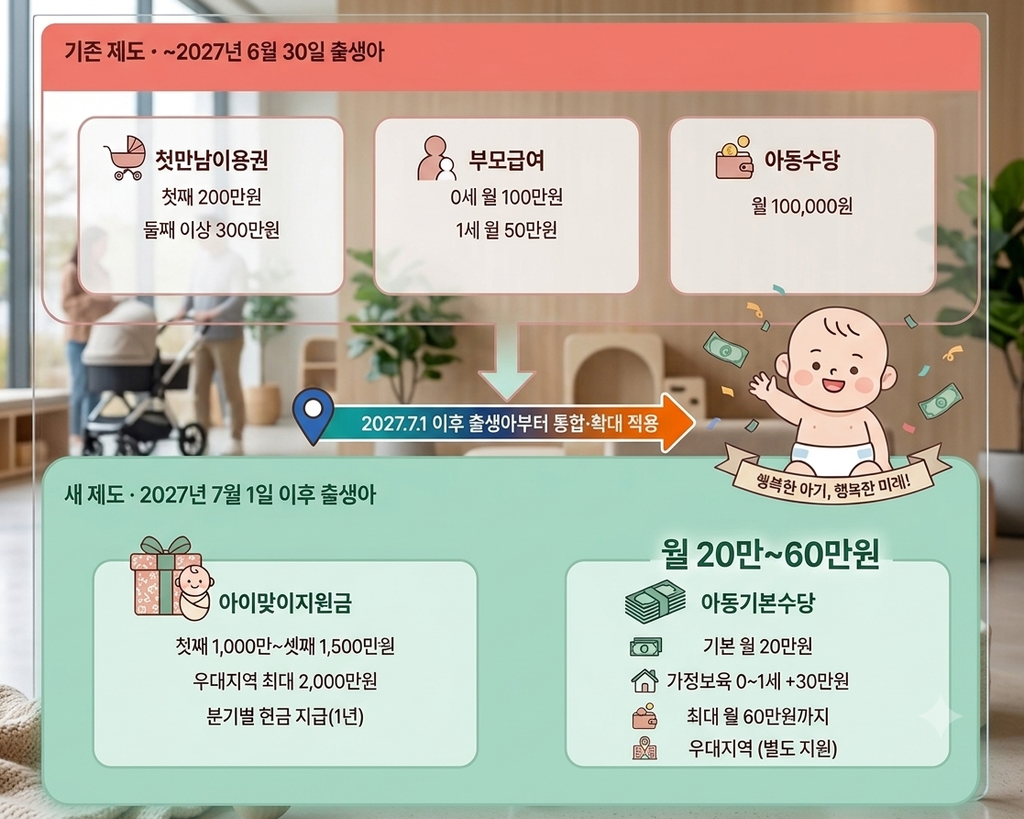 아이맞이지원금·아동기본수당 비교 인포그래픽: 2027년 7월 1일 기준 기존 제도(첫만남이용권·부모급여·아동수당)와 새 제도(아이맞이지원금·아동기본수당) 지원 금액 비교