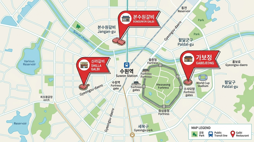 수원 왕갈비 3대 맛집 가보정 본수원갈비 신라갈비 위치 지도
