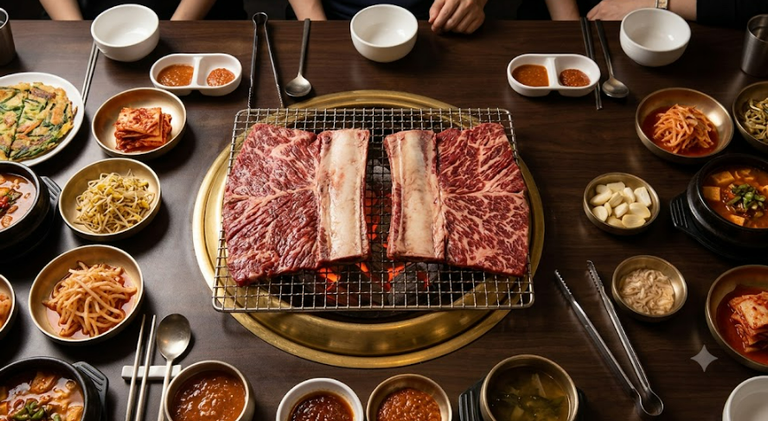 원 왕갈비 숯불 화로 위 생갈비와 한상 가득 차려진 반찬