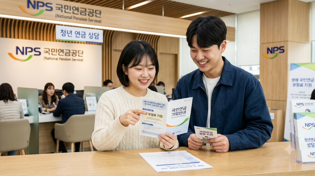 국민연금공단 청년 연금 상담 창구에서 가입안내 책자를 살펴보는 청년 남녀